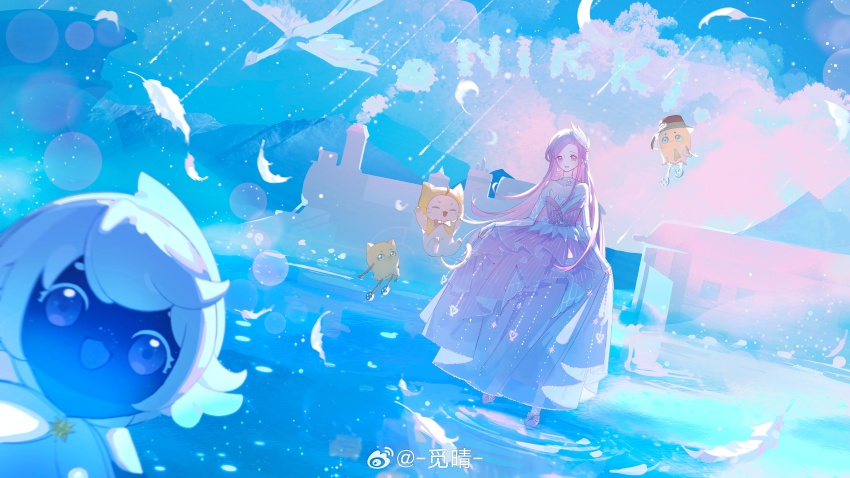 1girl ^_^ absurdres animal bare_shoulders beanie_(infinity_nikki) bird blue_sky bow bridal_gauntlets brown_eyes brown_hat bubble capelet cat character_name character_request chinese_commentary closed_eyes clothed_animal cloud commentary_request crescent_moon dress ear_covers eyelashes fairytale_swan_(infinity_nikki) feather-trimmed_dress feather_hair_ornament feathers flower footwear_bow full_body giroda_(infinity_nikki) gown green_ribbon hair_ornament happy hat hat_flower hat_ribbon highres hood hood_up hooded_capelet infinity_nikki jewelry light_blush light_particles long_dress long_hair looking_at_viewer miqing momo_(nikki) moon necklace nikki_(nikki) nikki_(series) open_mouth pink_bow pink_dress pink_hair pink_shoes ribbon ripples rose shoes sky smile standing standing_on_liquid straight_hair striped_clothes striped_dress striped_ribbon train vertical-striped_clothes vertical-striped_dress very_long_hair water watermark weibo_watermark whiskers white_bridal_gauntlets white_cat white_flower white_rose yellow_capelet