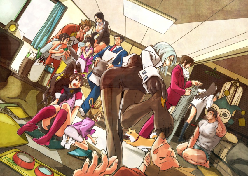 &gt;_&lt; 5boys 6+girls ace_attorney ace_attorney_investigations alternate_costume alternate_eye_color animal apron ascot ass back-seamed_legwear bag bandaid barefoot beads bed bent_over between_legs black_eyes black_gloves black_hair black_socks blanket blue_badger blue_hair blunt_bangs book bowl breasts brown_hair capcom carrot character_name chest_hair child cleavage closed_eyes clothes_hanger collar cousins curtains dick_gumshoe dog dutch_angle ema_skye facial_hair fingernails flag floating food foreshortening formal_clothes franziska_von_karma from_behind frown ghost glasses gloves goatee groceries grocery_bag hair_beads hair_between_eyes hair_ornament hair_rings hairclip hand_between_legs hand_on_another&#039;s_head hand_on_own_head happy high_ponytail holding hood hoodie indoors japanese_clothes jewelry kay_faraday key kicking kimono kneehighs kneeling kotatsu lab_coat ladle large_breasts larry_butz leaning_forward long_hair looking_back looking_down magatama maggey_byrde magnifying_glass maya_fey measuring_cup mia_fey miles_edgeworth miniskirt missile_(ace_attorney) mov multiple_boys multiple_girls necklace necktie no_shoes open_mouth outline panties panties_under_pantyhose pants pantyhose parted_bangs pearl_fey pet_bowl phoenix_wright phoenix_wright:_ace_attorney pink_legwear pleated_skirt ponytail pot puffy_sleeves sash scarf seamed_legwear seiza shirt shopping_bag short_hair short_kimono short_sleeves siblings sisters sitting skirt sleeveless sleeveless_hoodie sleeveless_shirt sleeves_rolled_up smile socks spiked_hair standing standing_on_one_leg steel_samurai sticker stubble suit sweat swept_bangs tabi table teeth television tongue tongue_out topknot underwear vegetable water wavy_hair white_shirt will_powers