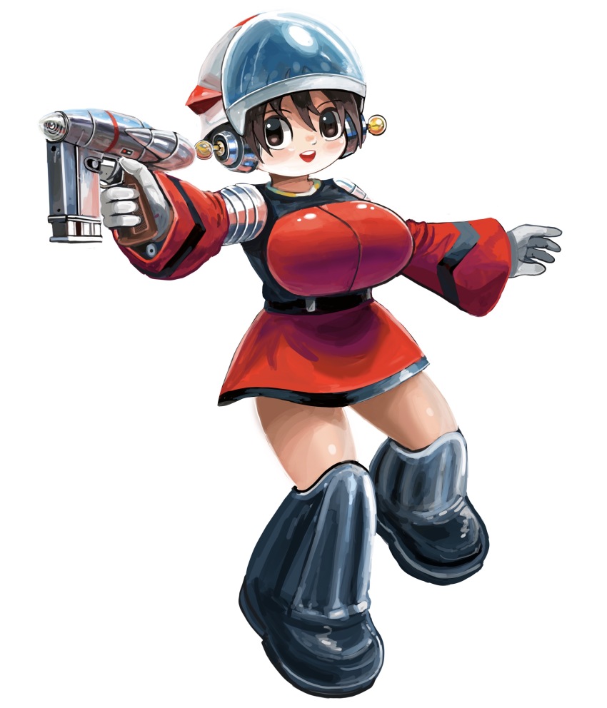 1girl absurdres aiming breasts brown_eyes brown_hair female_focus finger_on_trigger full_body gloves grey_gloves gun hai_to_hickory hair_between_eyes helmet highres large_breasts open_mouth original round_teeth short_hair smile solo teeth weapon white_background