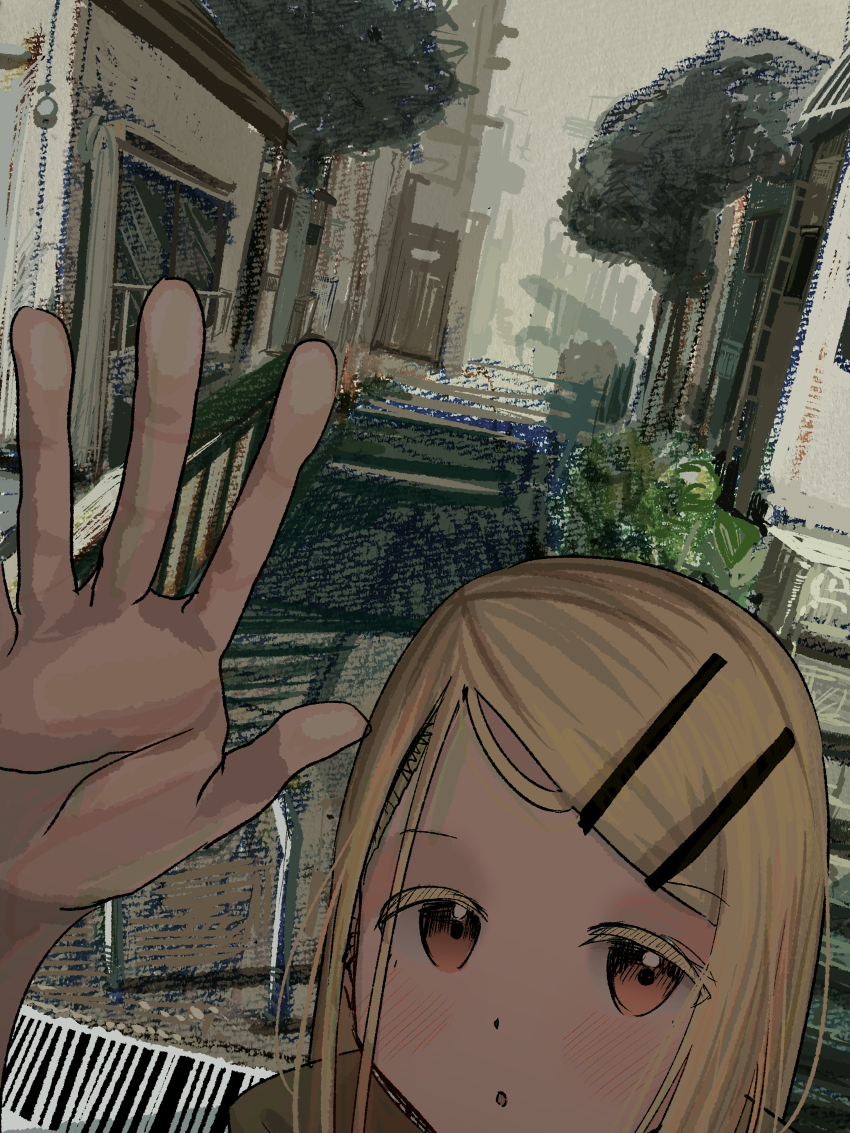 1girl absurdres blonde_hair brown_eyes building colored_eyelashes expressionless fence gakuen_idolmaster hair_ornament hairclip hand_up highres idolmaster looking_at_viewer niwatoko_towani outdoors parallel_hairclips parted_bangs shinosawa_hiro solo tree