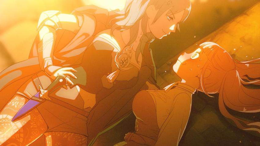 2girls against_wall anger_vein armor belt blue_hair blush breasts female_byleth_(fire_emblem) closed_mouth dagger fire_emblem fire_emblem:_three_houses from_side hand_on_own_hip hilda_valentine_goneril kabedon knife large_breasts long_hair multiple_girls nichihamueasler nintendo outdoors pantyhose pink_hair print_legwear sheath sheathed shorts sweatdrop twintails weapon