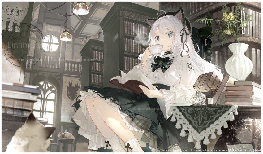 1girl ahoge animal animal_ear_fluff animal_ears arknights beret black_bow black_hat black_ribbon black_skirt blue_eyes book bookshelf bow breasts cat cat_ears commentary_request cup feet_out_of_frame fur_hat grey_hair hair_ribbon hat highres holding holding_book holding_cup indoors library linfi-muu long_hair long_sleeves looking_at_viewer medium_breasts mint_(arknights) open_book puffy_long_sleeves puffy_sleeves ribbon shirt skirt socks solo steam vase very_long_hair watermark white_shirt white_socks
