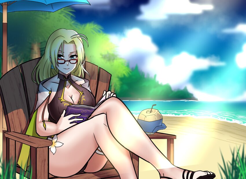 1girl beach blonde_hair blue_eyes book breasts brown_one-piece_swimsuit cape cleavage cloud cloudy_sky coconut coconut_cup commission crossed_legs earrings fire_emblem fire_emblem:_the_sacred_stones fire_emblem_heroes glasses highres holding holding_book jewelry large_breasts looking_at_viewer ludook medium_hair nintendo official_alternate_costume one-piece_swimsuit open_book palm_tree parted_bangs sandals selena_(fire_emblem:_the_sacred_stones) selena_(summer)_(fire_emblem:_the_sacred_stones) shade sitting sky smile swimsuit thick_thighs thigh_strap thighs tree umbrella