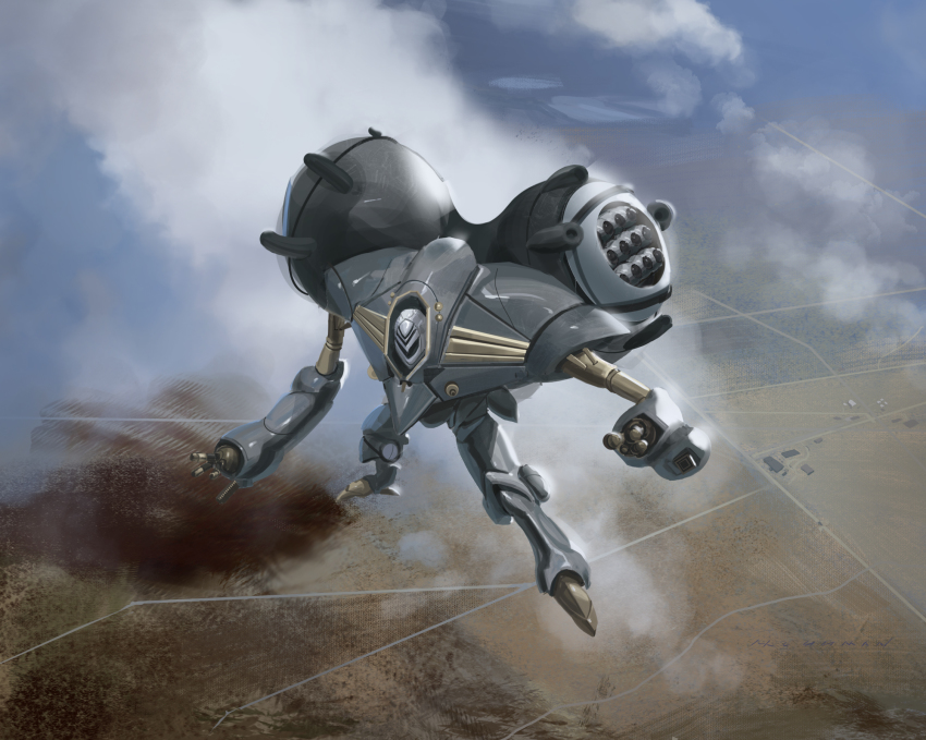 alien arm_cannon armor building chest_cannon cloud desert deviantartmossington energy_cannon flying freefall highres macross macross_frontier mecha meltrandi missile missile_pod original perspective power_armor queadluun-rea realistic redesign road robot weapon zentradi