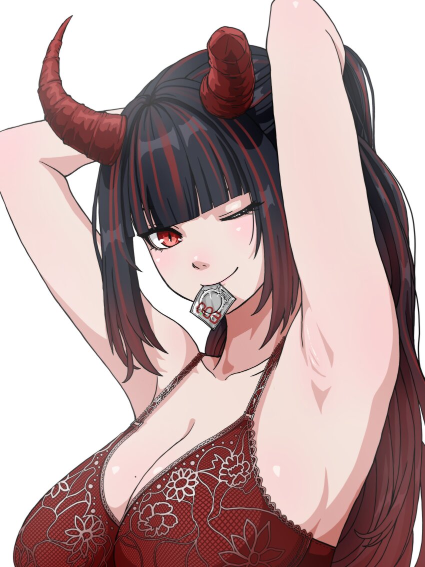 absurdres armpits arms_behind_back arms_up asymmetrical_horns black_hair bluejump bra breasts broken_horn broken_horns condom condom_in_mouth condom_wrapper demon_horns hair_lift highres horns jegal_geumja mannerheim0426 mole mole_on_breast mouth_hold multicolored_hair one_eye_closed red_hair red_horns simple_background slit_pupils underwear underwear_only white_background