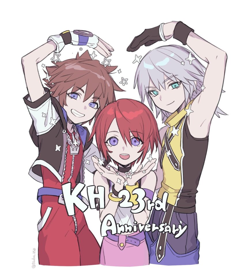1girl 2boys anniversary aqua_eyes armband armpits bangle bare_shoulders belt black_choker black_gloves black_jacket black_shirt blue_belt blue_eyes bracelet brown_hair camisole chain chain_necklace chaps choker closed_mouth cropped_jacket fingerless_gloves gloves grey_hair grin hair_between_eyes half_gloves hand_up heart_arms heart_arms_trio highres jacket jewelry kairi_(kingdom_hearts) kingdom_hearts medium_hair multiple_boys necklace open_mouth overalls pink_skirt purple_belt purple_eyes red_hair red_overalls riku_(kingdom_hearts) shirt short_hair skirt smile sora_(kingdom_hearts) sparkle spiked_hair tsuba_258 twitter_username upper_body white_background white_camisole white_gloves yellow_shirt