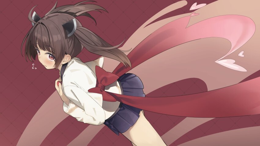 1girl absurdres blue_skirt blush bow box brown_hair closed_mouth feet_out_of_frame flying_sweatdrops gift gift_box hands_on_own_chest headgear heart heart_in_eye highres japanese_clothes kimono long_hair long_sleeves looking_at_viewer looking_to_the_side miniskirt partner_(kprtnr) red_background red_bow red_eyes sidelocks skirt solo symbol_in_eye touhoku_kiritan twintails valentine voiceroid white_kimono