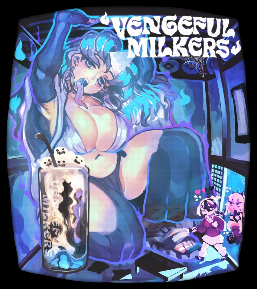 4girls alternate_costume arm_up aura baroque_(keziedra) blue_eyes blue_hair blue_tongue breasts cleavage clothing_cutout colored_tongue cup dark_aura drink earrings elbow_gloves flying_sweatdrops food full_body garlic_(keziedra) ghost giant giantess gloves hakama hakama_pants half-closed_eyes halloween_costume hand_on_ceiling health_bar heart highres hoop_earrings indoors japanese_clothes jewelry keziedra large_breasts long_hair long_tongue looking_at_viewer macaron_(keziedra) multiple_girls navel on_one_knee open_mouth original pants parted_bangs shouji silk sliding_doors solo_focus spider_web spoon tatami thigh_cutout tongue tongue_out triangular_headpiece wide_sleeves will-o&#039;-the-wisp_(mythology)