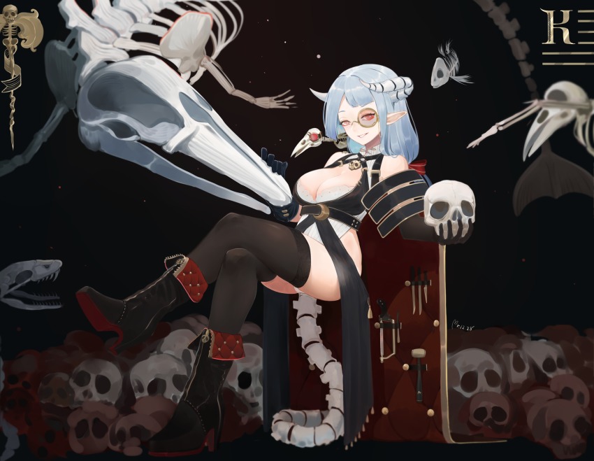 1girl armor bare_shoulders bird black_boots black_gloves black_thighhighs blue_hair bone bonesaw boots breasts cleavage cleavage_cutout clothing_cutout demon_horns elbow_gloves female_focus fish glasses gloves hacksaw highleg highleg_leotard highres horns large_breasts leotard long_hair low-tied_long_hair monocle original parted_lips pointy_ears red_eyes reptile saw scalpel sitting_on_tail skeleton skull smile solo tail thighhighs yueguang_zhanglang