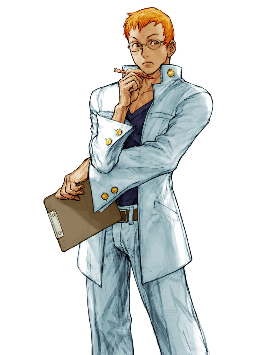 1boy blonde_hair capcom capcom_vs_snk_2 clipboard glasses highres justice_gakuen kagami_kyousuke male_focus nishimura_kinu official_art pencil short_hair solo