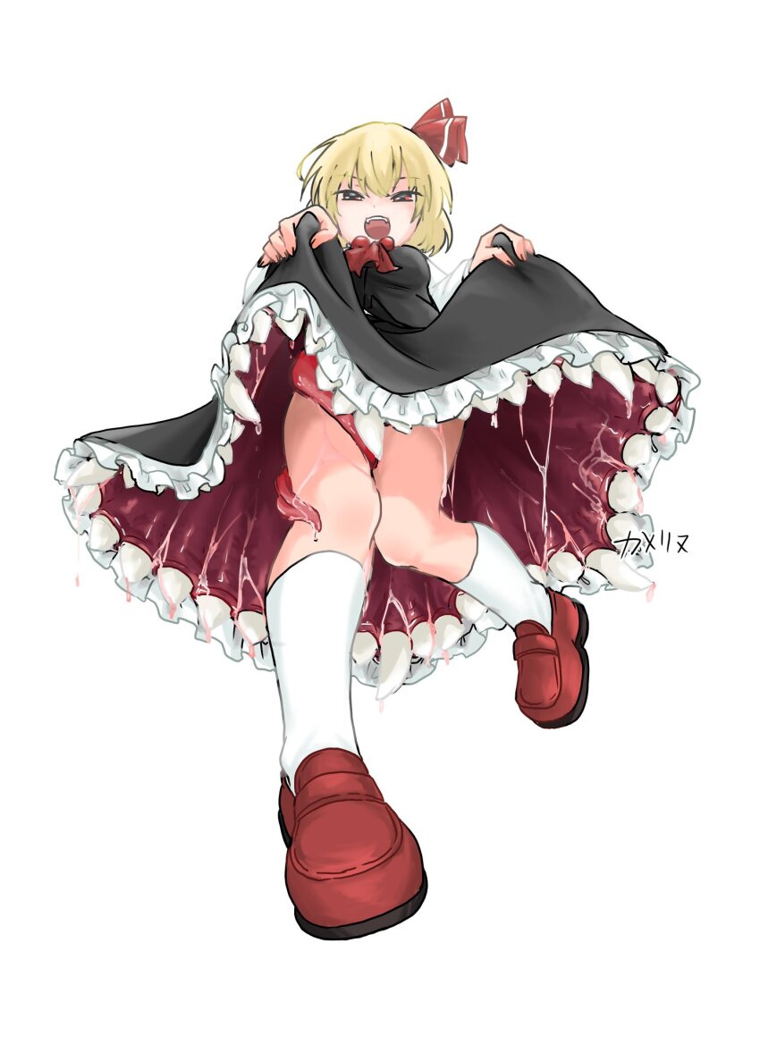 1girl :d black_dress blonde_hair clothes_lift commentary_request dress dress_lift extra_mouth extra_teeth from_below hair_ribbon highres loafers long_sleeves looking_at_viewer monster_girl namuru_(twitter) open_mouth red_eyes red_shoes ribbon rumia saliva sharp_teeth shoes short_hair smile socks solo teeth thighs tongue touhou white_socks