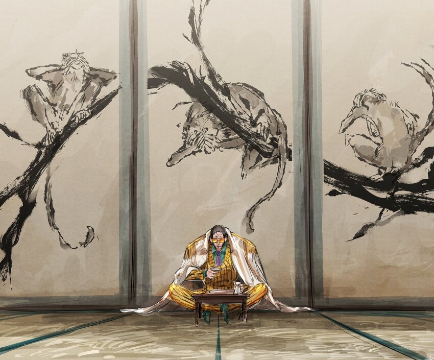 1boy 6cheetah black_hair blurry borsalino_(kizaru) coat crossed_legs depth_of_field facial_hair full_body glasses highres long_sideburns looking_at_viewer male_focus mature_male mustache_stubble one_piece opaque_glasses painting_(object) short_hair sideburns sitting solo sparse_stubble stubble sunglasses table
