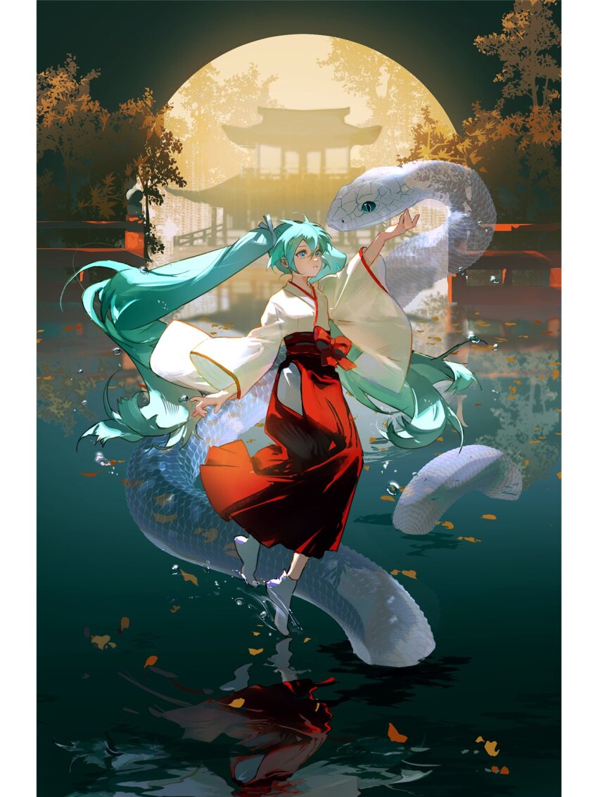 1girl aqua_eyes aqua_hair chinese_zodiac commentary full_body hakama hatsune_miku highres japanese_clothes kimono moon red_hakama reflection requiem_(requiem_art) sash sidelocks snake socks transparent_animal twintails vocaloid white_kimono white_socks wide_sleeves year_of_the_snake