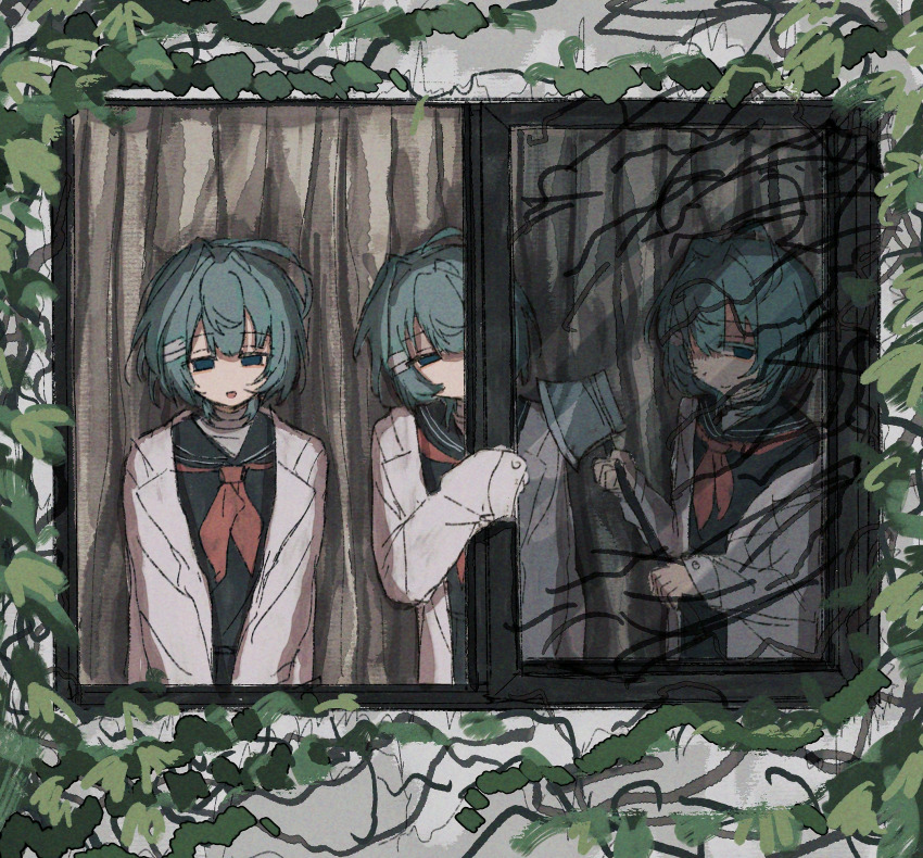 3girls ahoge axe black_serafuku black_shirt black_skirt blue_eyes chinese_commentary clone closed_mouth commentary_request curtains film_grain green_hair hair_intakes hair_ornament hairclip highres holding holding_axe lab_coat long_sleeves multiple_girls open_clothes open_mouth original plant sailor_collar sailor_shirt school_uniform serafuku shirt short_hair shuru_shenme_mingzi skirt smile vines window