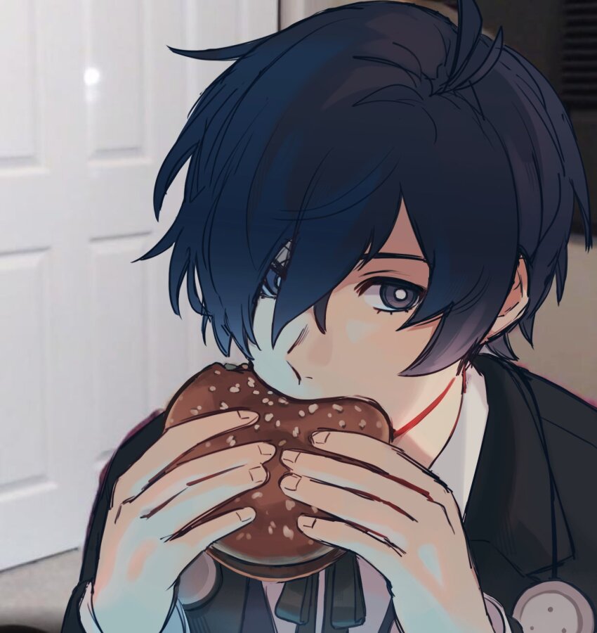 1boy ahoge black_suit blue_eyes blue_hair bright_pupils burger commentary eating english_commentary eyelashes food formal_clothes hair_between_eyes highres holding holding_burger holding_food jerma985 jerma985_eating_a_whopper_(meme) male_focus meme persona persona_3 persona_3_reload photo-referenced real_life sevenreii shirt short_hair solo suit upper_body white_pupils white_shirt yuuki_makoto_(persona_3)