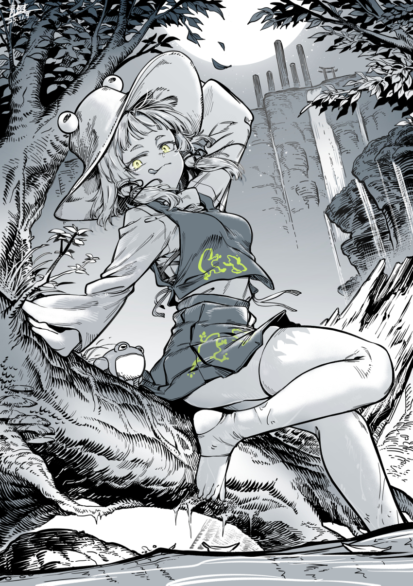 1girl arm_up breasts dated frog frog_tongue full_moon greyscale hair_ribbon hat highres leaf long_sleeves looking_at_viewer medium_breasts monochrome moon moriya_suwako night qingwa_chi_she ribbon rock shirt signature sitting sitting_on_branch skirt solo spot_color star_(sky) stirrup_legwear thighhighs toeless_legwear tongue tongue_out torii touhou tree vest water
