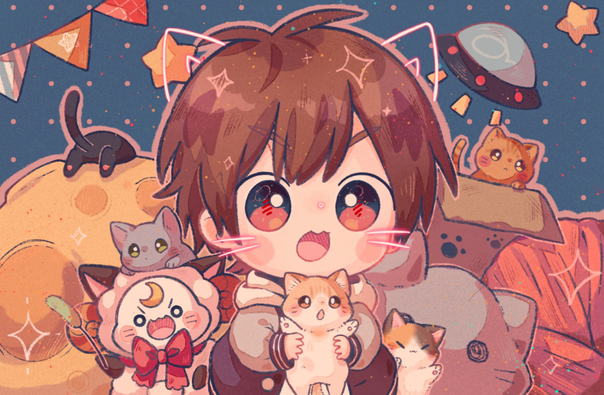 1boy :3 :d amatsuki_(crazy_raccoon) amatsuki_(utaite) animal black_hoodie blush_stickers bow bowtie brown_hair cat cat_teaser commentary_request drawn_ears drawn_whiskers highres holding holding_animal hood hood_down hoodie indie_utaite inomo_(qimoshu) long_sleeves male_focus open_mouth red_bow red_bowtie red_eyes short_hair smile solo sparkle star_(symbol) thick_eyebrows ufo upper_body utaite v-shaped_eyebrows
