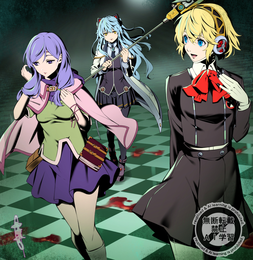 3girls :d absurdres aigis_(persona) animal_ears averting_eyes black_jacket black_pantyhose black_shoes black_skirt blonde_hair blood blood_on_ground blue_eyes blue_hair blue_shirt boots bow bowtie cape cat_ears coat collared_shirt commentary_request commission cowboy_shot crossover dress_shirt eiyuu_densetsu fake_animal_ears fire_emblem fire_emblem:_path_of_radiance gekkoukan_high_school_uniform green_shirt half-closed_eyes highres ilyana_(fire_emblem) jacket long_sleeves looking_to_the_side miniskirt multiple_crossover multiple_girls nakano_maru nintendo open_mouth pantyhose persona persona_3 persona_3_reload pink_cape pleated_skirt purple_hair purple_skirt red_bow red_bowtie school_uniform shirt shoes short_hair sideways_glance skeb_commission skirt smile tita_russell walking watermark white_boots white_coat white_shirt yellow_eyes