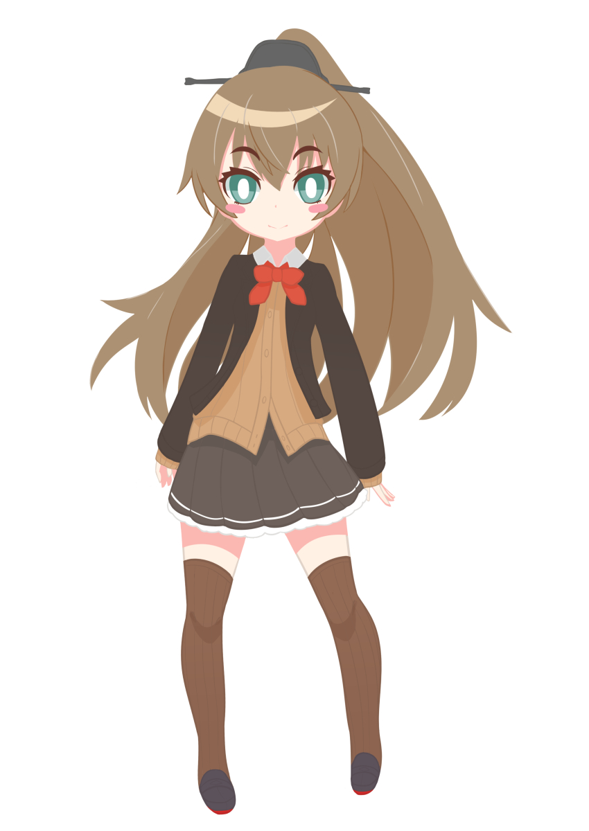 1girl absurdres blazer bow bowtie brown_cardigan brown_hair brown_jacket brown_thighhighs cardigan collared_shirt daichi_(daiti1318) full_body green_eyes grey_skirt headgear highres jacket kantai_collection kumano_(kancolle) kumano_kai_ni_(kancolle) long_hair looking_at_viewer orange_bow orange_bowtie pleated_skirt ponytail shirt skirt solo standing thighhighs