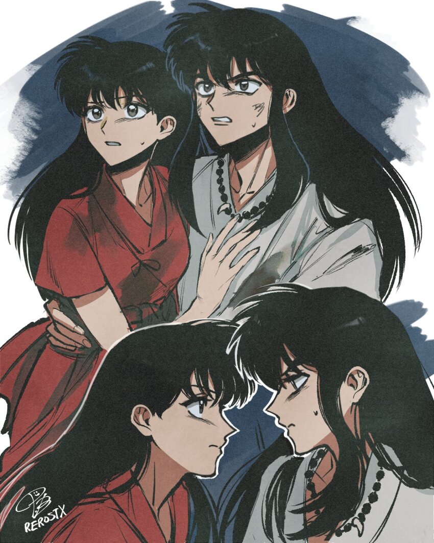 1boy 1girl black_hair dress eye_contact highres higurashi_kagome inuyasha inuyasha_(character) japanese_clothes jewelry kimono long_hair looking_at_another m_m_pb necklace pearl_necklace red_dress simple_background sweatdrop white_kimono