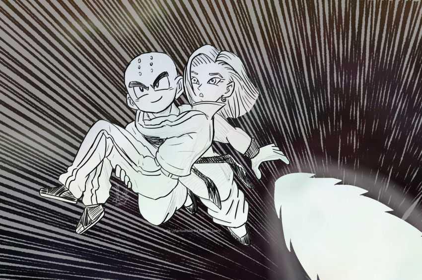 1boy 1girl android_18 bald bald_male black_eyes carrying couple dragon_ball dragon_ball_super flying happy highres hug husband_and_wife ki_blast kuririn princess_carry smile surprised tournament_of_power