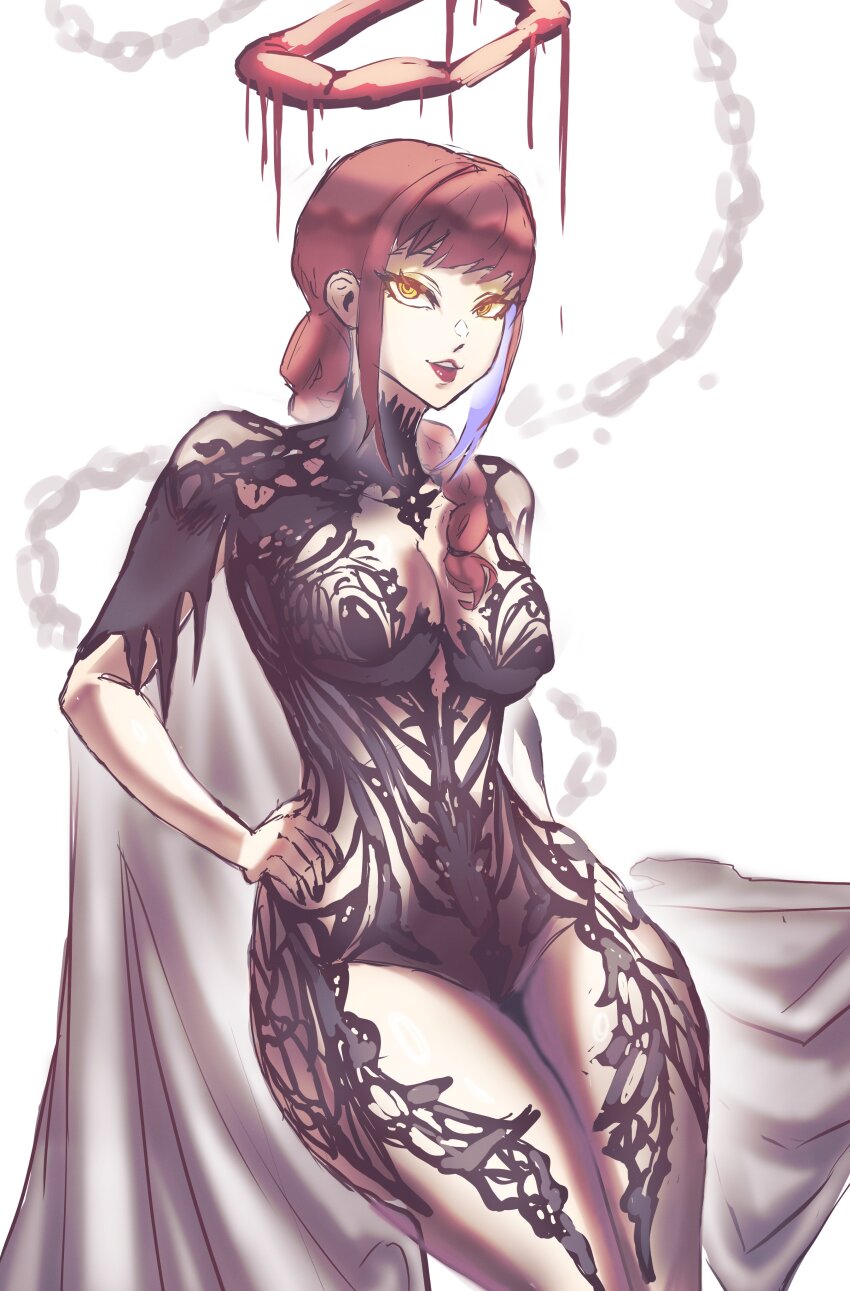 1girl artist_request blod blood breasts cape chainsaw_man chronopattern_dress food halo hand_on_own_hip large_breasts lips makima_(chainsaw_man) meat meat_halo red_hair sketch smile thighs white_background yellow_eyes