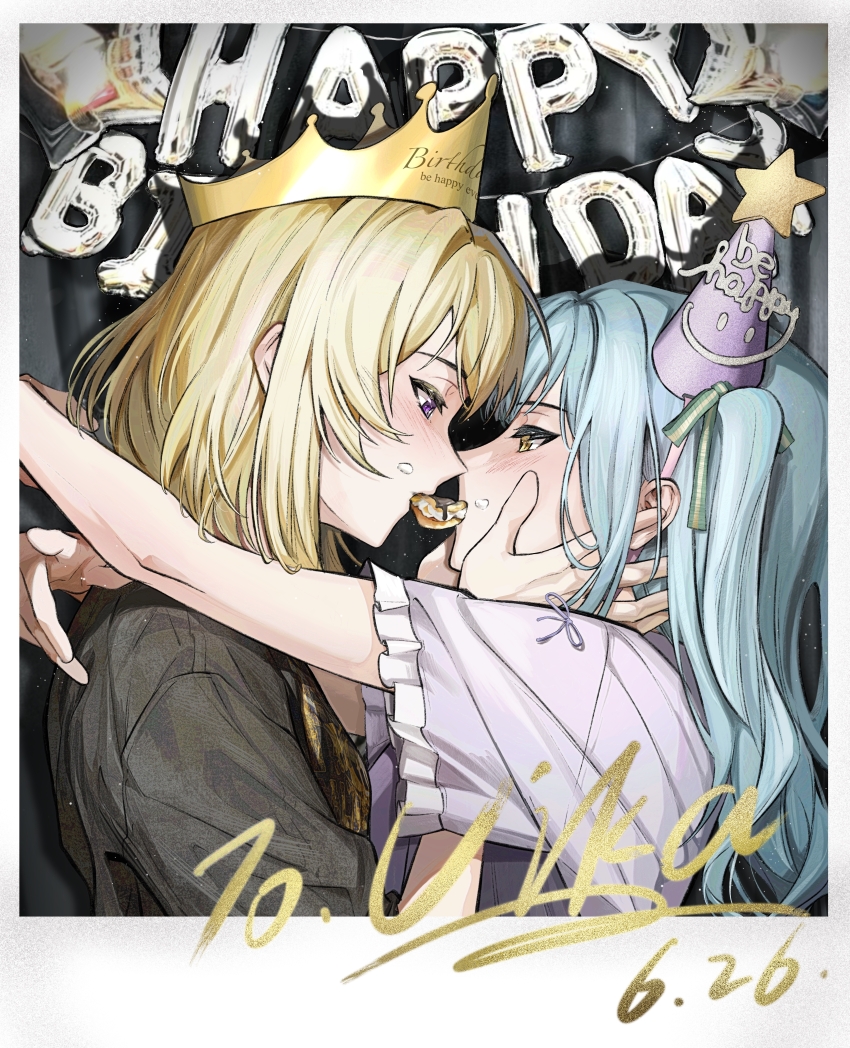 2girls absurdres arms_around_neck bang_dream! bang_dream!_it&#039;s_mygo!!!!! black_shirt blonde_hair blue_hair blush character_name chinese_commentary commentary_request crown dated eye_contact food food_on_face hand_on_another&#039;s_face happy_birthday hat hero45439083942 highres looking_at_another medium_hair misumi_uika mouth_hold multiple_girls party_hat polaroid_photo purple_eyes purple_hair purple_shirt sharing_food shirt togawa_sakiko two_side_up upper_body yellow_eyes yuri