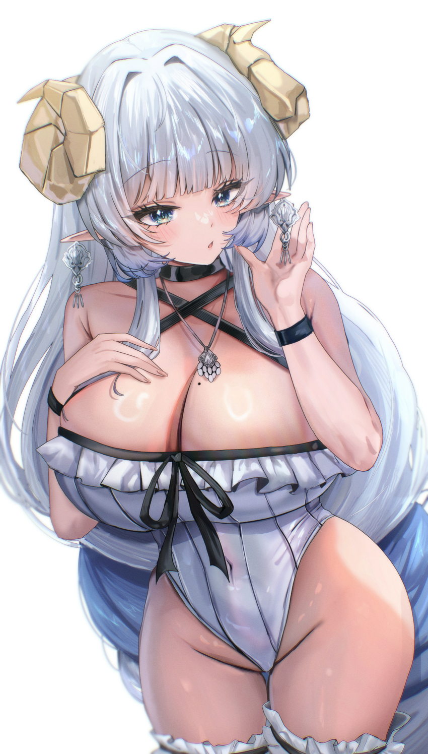 1girl absurdres bare_shoulders black_choker blue_eyes breasts choker cleavage covered_navel curled_horns earrings emu_(emuemuart) frilled_thighhighs frills grey_hair highres horns jewelry large_breasts leotard long_hair looking_at_object looking_to_the_side mole mole_on_breast original pointy_ears simple_background solo thighhighs very_long_hair white_background white_leotard