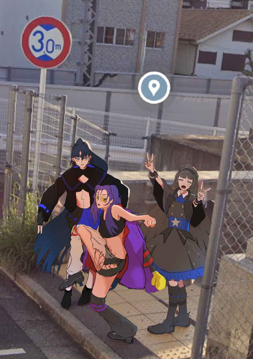 absurdres ado_(utaite) bikini black_bikini black_cape black_dress black_footwear black_leg_warmers black_sailor_collar black_shirt black_shorts black_skirt black_tank_top blue_eyes blue_skirt boots cape commentary_request crop_top double_v dress fingerless_gloves freedom-chan_(ado) freedom_(ado) gloves hair_between_eyes high_school_girls_posing_for_google_street_view_(meme) highres jewelry leg_warmers long_hair looking_at_viewer meme midriff multiple_rings naima_(ado) navel odo-chan_(ado) odo_(song) open_clothes open_mouth open_shirt pleated_skirt ponytail purple_hair ring sailor_collar school_uniform serafuku shirt shorts sido_(sido_mrtsnkc) skirt swimsuit tank_top tinted_eyewear twintails two-tone_skirt usseewa v white_leg_warmers yellow-tinted_eyewear