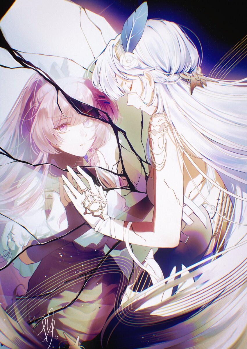 2girls absurdres alternate_form broken_mirror crack cracked_glass hair_ornament hand_on_mirror highres long_hair looking_at_reflection looking_at_viewer mirror multiple_girls musical_staff pink_hair punishing:_gray_raven reflection scuro selena:_pianissimo_(pgr) selena_(pgr) white_hair