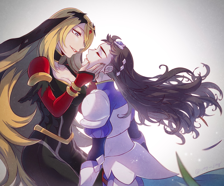 alternate_hairstyle black_dress blonde_hair breasts brown_hair cleavage closed_eyes cynthia_(pokemon) cynthia_(sygna_suit)_(renegade)_(pokemon) diantha_(pokemon) diantha_(special_costume)_(pokemon) dress grey_eyes hair_over_one_eye hands_on_another&#039;s_face highres ivory_(25680nico) medium_breasts nintendo official_alternate_costume parted_lips pokemon pokemon_masters_ex twitter_username white_background yuri