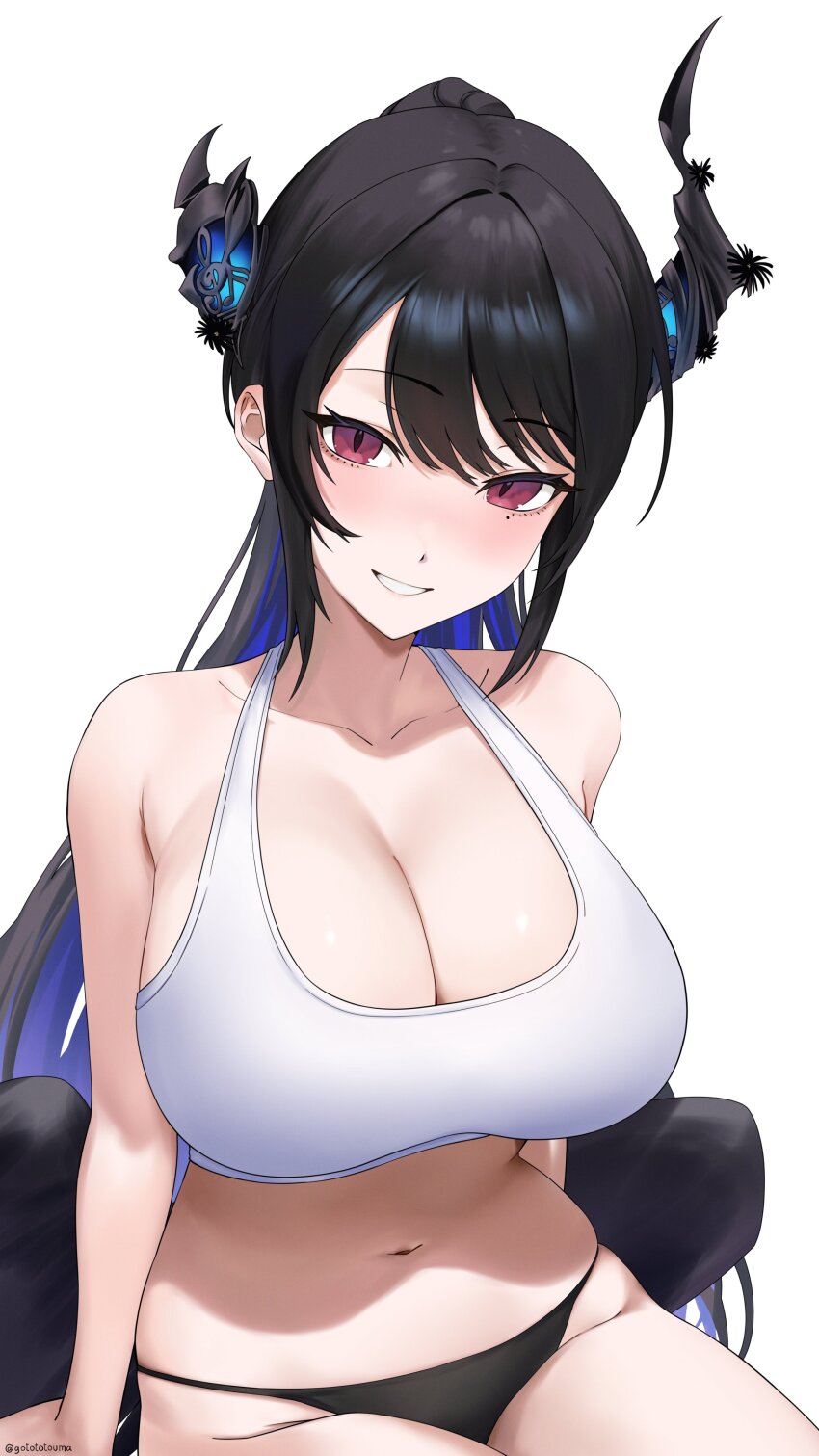 1girl absurdres asymmetrical_horns bare_shoulders black_hair black_panties black_wings blue_hair breasts cleavage collarbone colored_inner_hair crystal_horns demon_horns feathered_wings flower gototo_touma highres hololive hololive_english horn_flower horns large_breasts long_hair looking_at_viewer low_wings midriff mole mole_under_eye multicolored_hair navel nerissa_ravencroft panties ponytail red_eyes simple_background smile solo sports_bra thighs thong two-tone_hair underwear uneven_horns very_long_hair virtual_youtuber white_background white_sports_bra wings