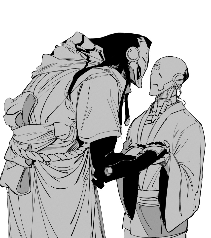 2boys 6cheetah arms_up closed_mouth cowboy_shot eye_contact greyscale highres holding_hands hood hood_down humanoid_robot long_hair long_sleeves looking_at_another male_focus monochrome multiple_boys overwatch pouch ramattra_(overwatch) robe robot rope rope_belt simple_background white_background wide_sleeves zenyatta_(overwatch)