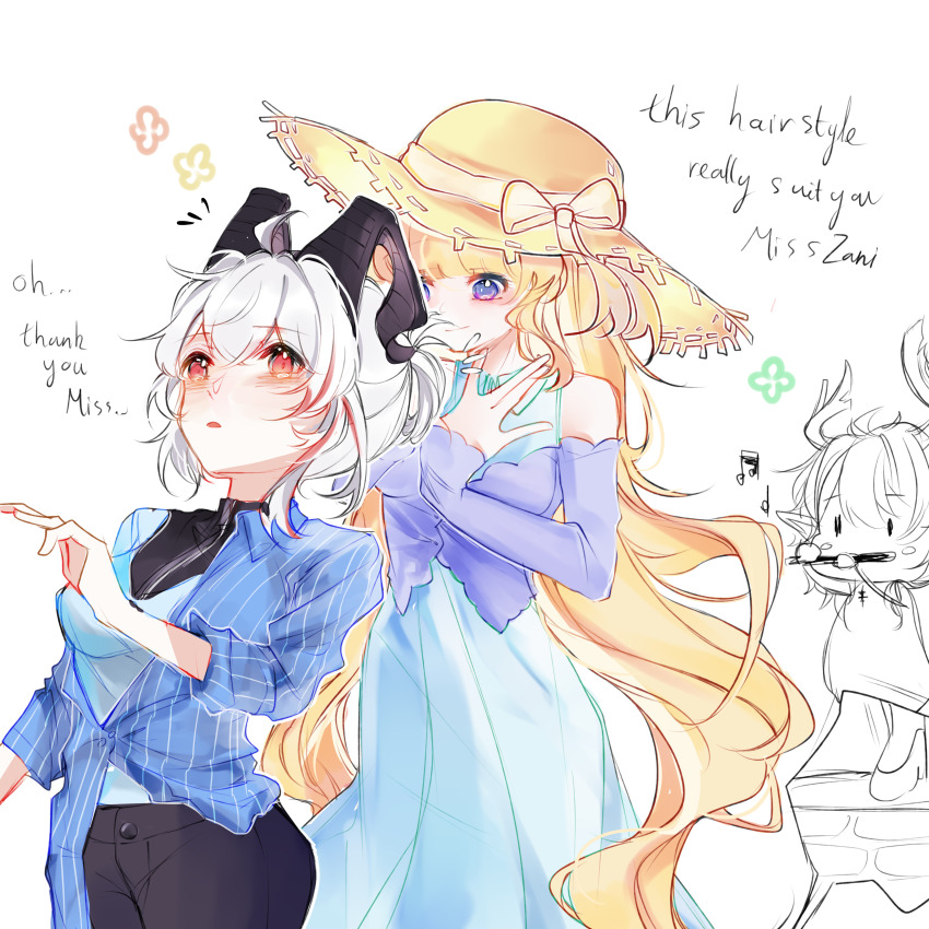 3girls absurdres alternate_costume bare_shoulders black_horns black_pants blue_dress blue_eyes blue_shirt blush breasts ciaccona_(wuthering_waves) closed_mouth collared_shirt commentary curled_horns dress english_commentary english_text hat highres horns large_breasts long_hair looking_at_another mikori multicolored_hair multiple_girls musical_note pants parted_lips phoebe_(wuthering_waves) purple_shirt red_eyes shirt simple_background smile straw_hat streaked_hair white_background white_hair wuthering_waves zani_(wuthering_waves)