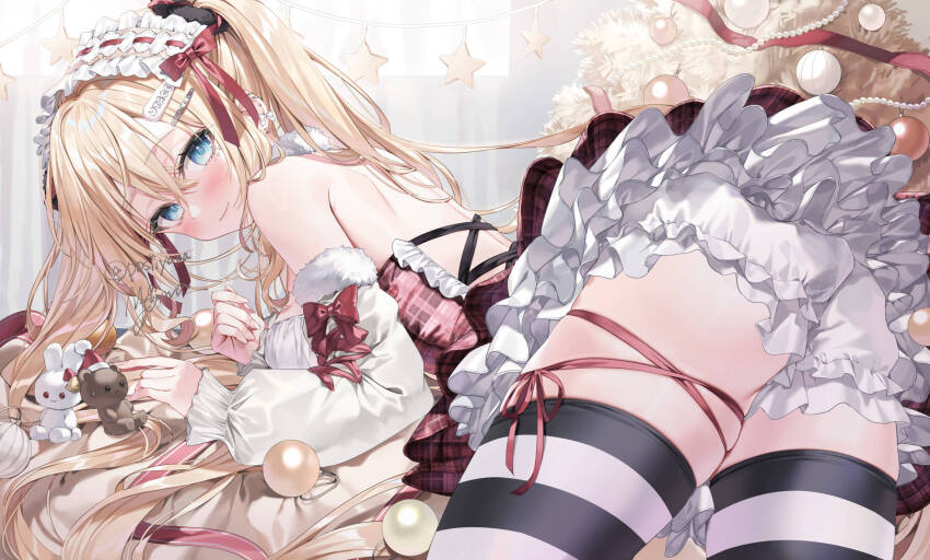 1girl ass bare_back bare_shoulders black_thighhighs blonde_hair bloomers blue_eyes blush bow christmas_tree_ornament closed_mouth commentary detached_sleeves dress frilled_hairband frills from_behind hair_between_eyes hair_ornament hairband hairclip highres horizontal-striped_thighhighs lace_trim leg_ribbon long_hair looking_at_viewer looking_back original red_bow red_ribbon ribbon signature skindentation sleeveless sleeveless_dress smile solo striped_clothes striped_thighhighs thigh_ribbon thighhighs twitter_username underwear very_long_hair white_bloomers white_hairband white_sleeves white_thighhighs yana_mori