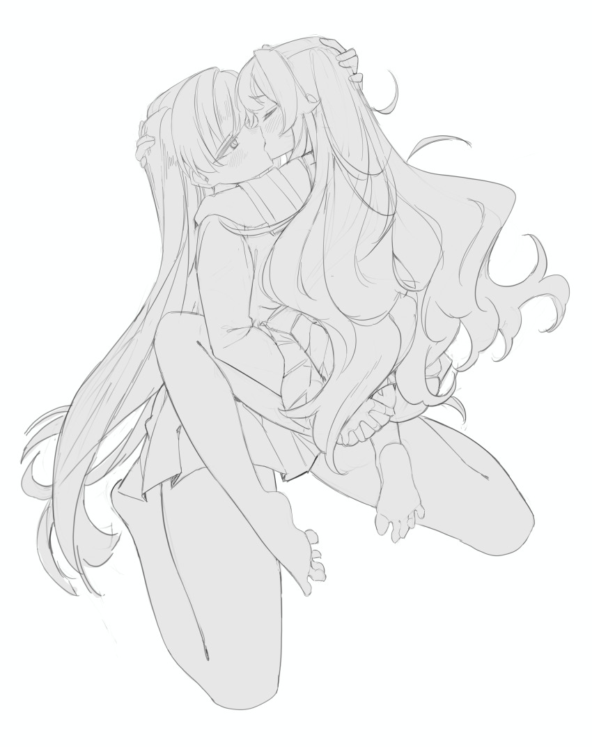 2girls absurdres ass assisted_exposure barefoot clothes_lift clothes_pull eiai_nano feet full_body grabbing_another&#039;s_ass greyscale groping hands_on_another&#039;s_ass height_difference highres hornfelstone kimi_no_koto_ga_dai_dai_dai_dai_daisuki_na_100-nin_no_kanojo kiss lifting_another&#039;s_clothes long_hair monochrome multiple_girls ohananomitsu_high_school_uniform pulling_another&#039;s_clothes school_uniform simple_background sketch skirt skirt_lift thighs white_background yoshimoto_shizuka yuri