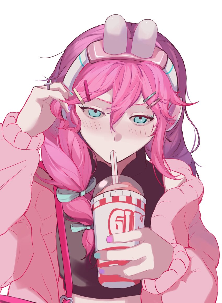 1girl animal_ear_headphones animal_ears aubrey_(birthday)_(omori) aubrey_(faraway)_(omori) aubrey_(omori) bag bare_shoulders black_shirt blue_bow blue_eyes blue_nails bow braid cardigan chinese_commentary commentary_request crop_top cropped_shirt cup disposable_cup drinking drinking_straw drinking_straw_in_mouth fake_animal_ears fenda191208 from_above hair_bow hair_ornament hair_over_shoulder hand_in_own_hair hands_up headphones heart highres holding holding_cup jewelry long_hair long_sleeves looking_at_viewer midriff multicolored_nails nail_polish official_alternate_costume official_alternate_hairstyle omori open_cardigan open_clothes pale_skin pink_bag pink_cardigan pink_hair pink_nails puffy_long_sleeves puffy_sleeves purple_nails rabbit_ear_headphones ring shirt shoulder_bag simple_background sleeveless sleeveless_shirt solo twin_braids upper_body upturned_eyes white_background