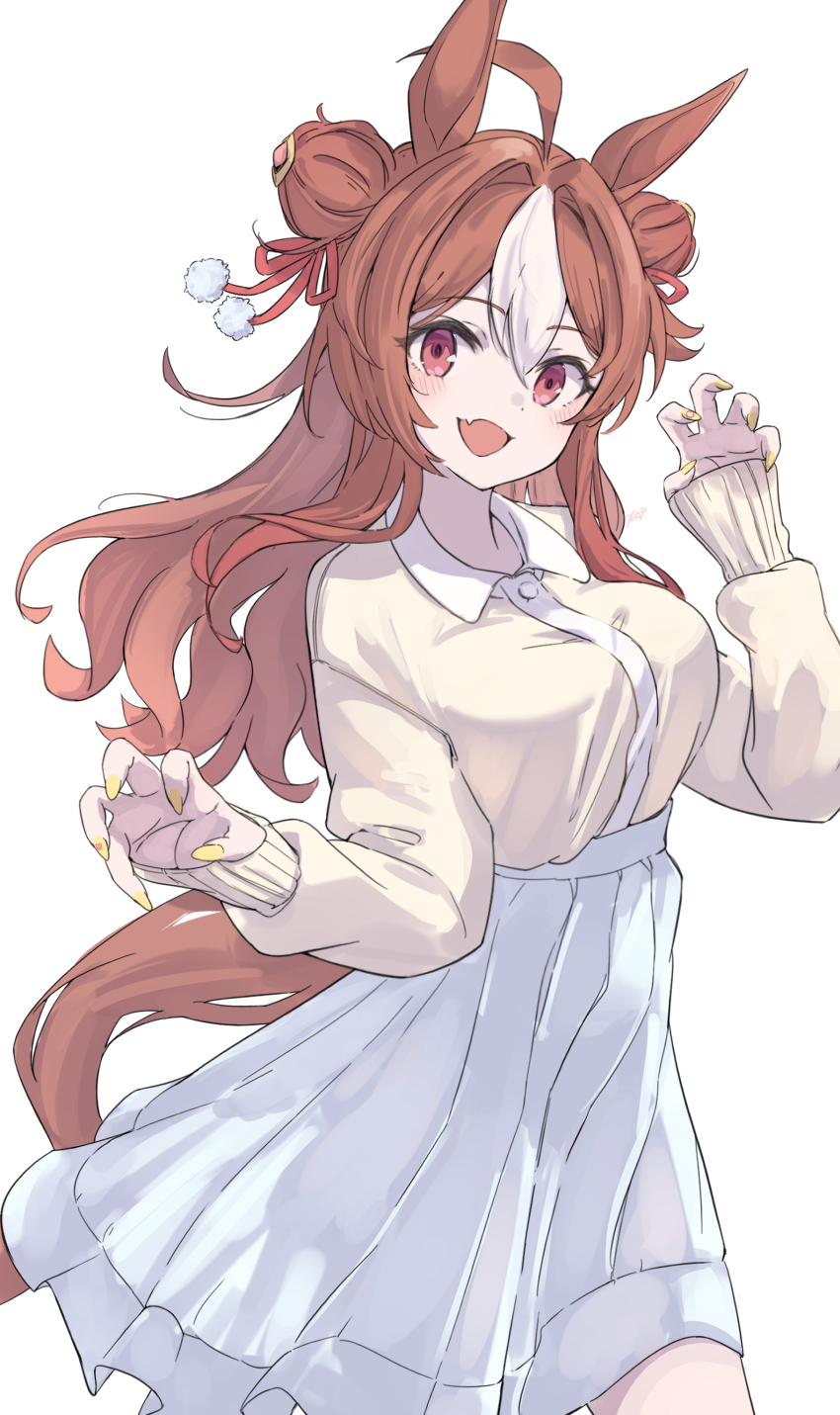 1girl :d absurdres ahoge alternate_costume animal_ears breasts brown_hair claw_pose commentary copano_rickey_(umamusume) double_bun ear_covers fang hair_between_eyes hair_bun hair_ribbon highres horse_ears horse_girl horse_tail large_breasts long_hair long_sleeves looking_at_viewer multicolored_hair nail_polish nazmocha open_mouth pink_eyes red_ribbon ribbon simple_background skin_fang skirt smile solo streaked_hair sweater tail umamusume white_background white_hair white_skirt