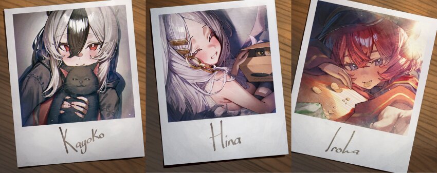 3girls absurdres animal bag_of_chips betabeet black_hair blue_archive cat character_name chips_(food) closed_eyes fake_photograph fluffy_hair food grey_eyes grin hair_ornament hairclip halo hat highres hina_(blue_archive) holding holding_animal holding_cat iroha_(blue_archive) kayoko_(blue_archive) long_hair multicolored_hair multiple_girls parted_bangs peaked_cap photo_(object) polaroid_photo potato_chips red_eyes red_hair smile thighhighs two-tone_hair white_hair