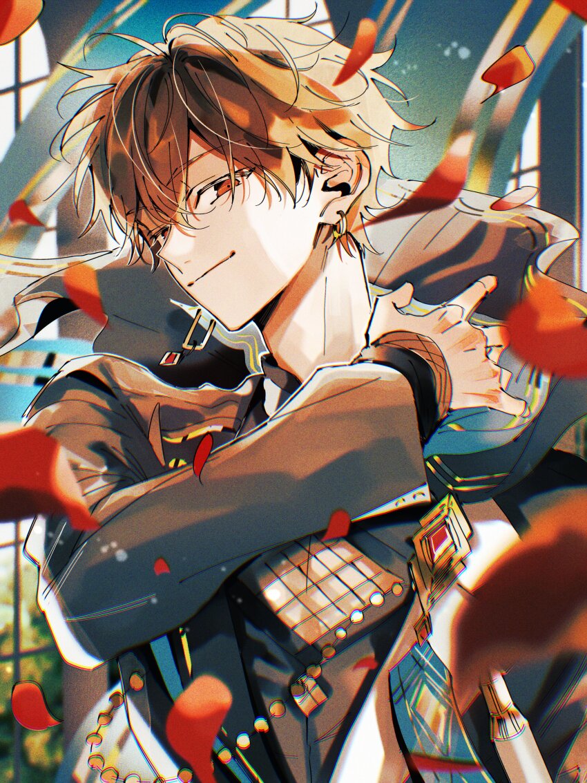 1boy absurdres arm_across_chest blurry blurry_foreground brown_hair commentary earrings english_commentary ensemble_stars! falling_petals hair_between_eyes highres jewelry long_sleeves looking_at_viewer male_focus morisawa_chiaki ninomiya_(t_238_t) official_alternate_costume petals red_eyes red_petals short_hair single_earring smile solo upper_body