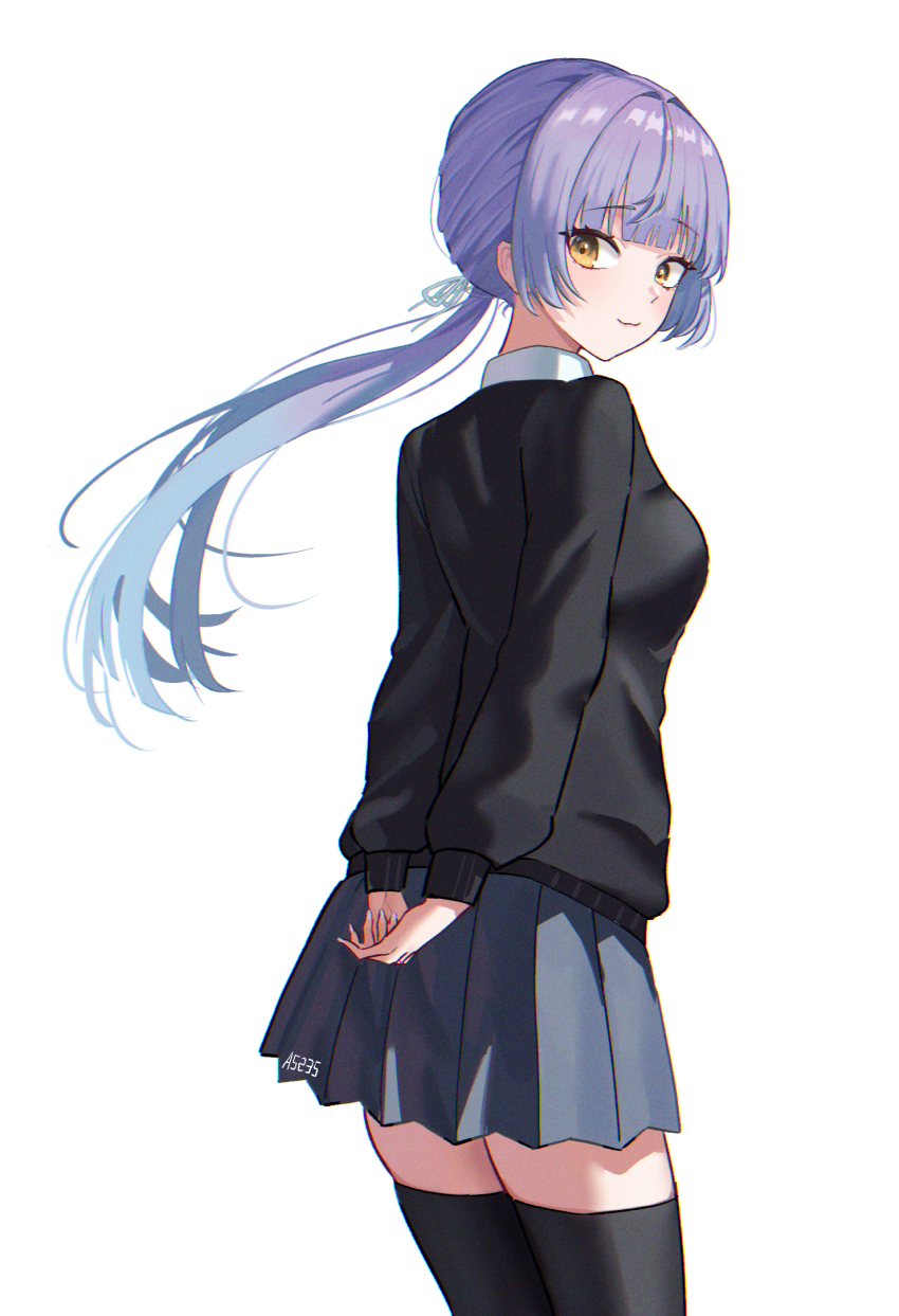 1girl a5235 arms_behind_back artist_name black_cardigan black_thighhighs blue_hair cardigan gradient_hair grey_skirt highres light_smile long_hair looking_at_viewer looking_back mimi-jjangjjang-seyong miniskirt multicolored_hair pleated_skirt ponytail purple_hair simple_background skirt solo thighhighs very_long_hair virtual_youtuber waktaverse white_background wind yellow_eyes zettai_ryouiki