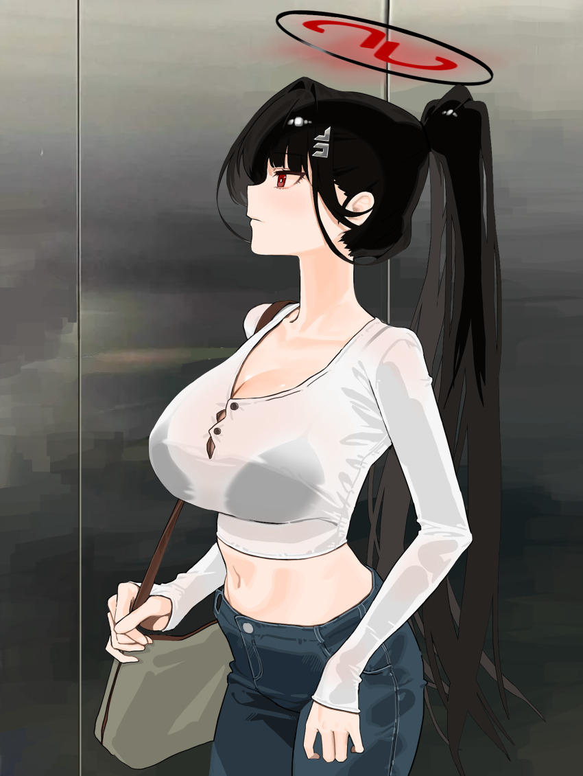 1girl absurdres bag black_bra black_hair blue_archive bra breasts chan_(dlgkal123) cleavage commentary denim elevator hair_ornament hairclip halo handbag highres jeans large_breasts midriff navel pants ponytail red_eyes rio_(blue_archive) see-through_clothes sleeves_past_wrists solo underwear