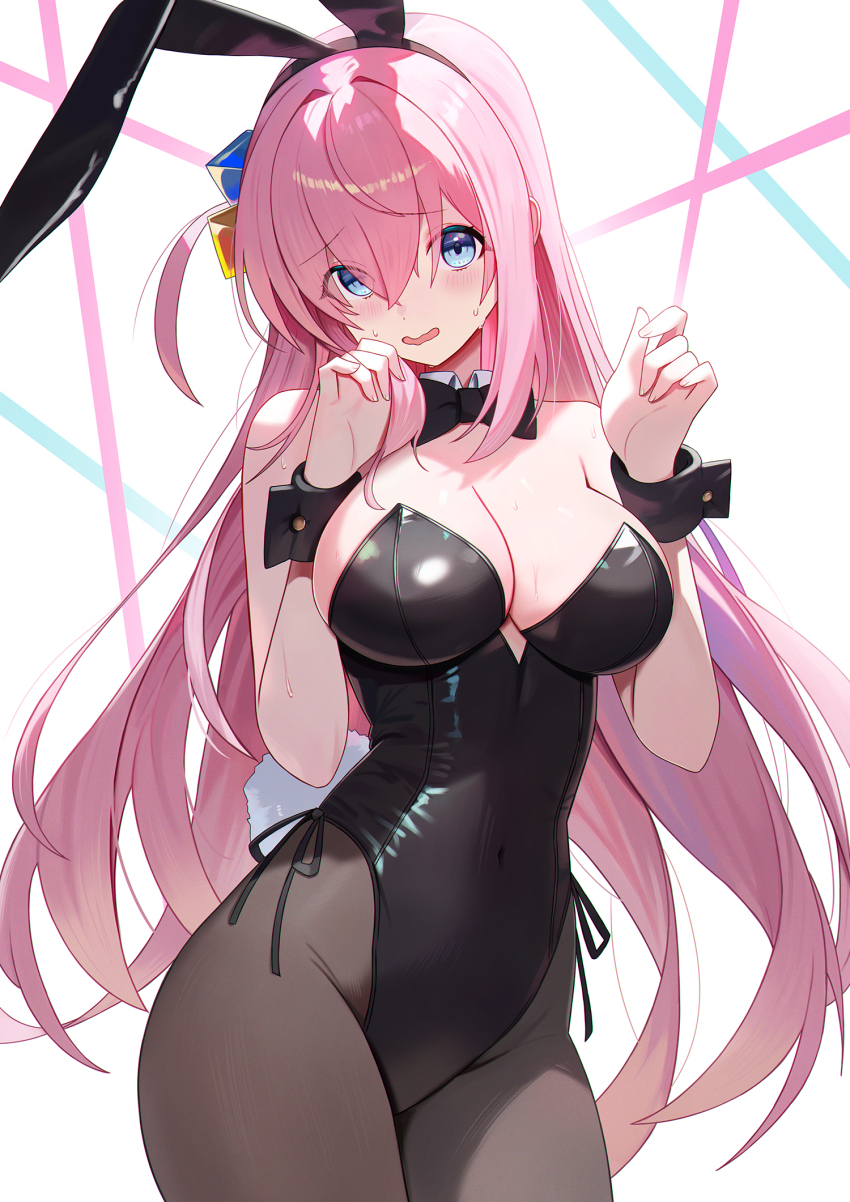 1girl bare_shoulders black_bow black_bowtie black_hairband black_pantyhose black_wrist_cuffs blue_eyes blush bocchi_the_rock! bow bowtie breasts cleavage collar commentary covered_navel cube_hair_ornament gotoh_hitori hair_between_eyes hair_ornament hairband highres large_breasts leotard long_hair looking_at_viewer melreon one_side_up open_mouth pantyhose pink_hair playboy_bunny solo thighs white_background white_collar wrist_cuffs