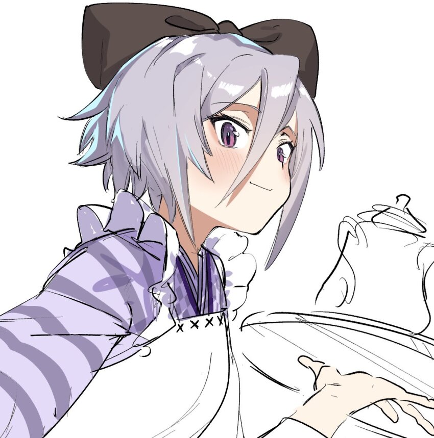 1girl apron blush bow brown_bow closed_mouth commentary_request grey_hair hair_between_eyes hair_bow holding holding_tray itomi_sayaka japanese_clothes kimono long_sleeves looking_at_viewer maid purple_eyes purple_kimono short_hair simple_background sketch smile solo teapot toji_no_miko tray wa_maid white_apron white_background wide_sleeves yamamoto_kichiko