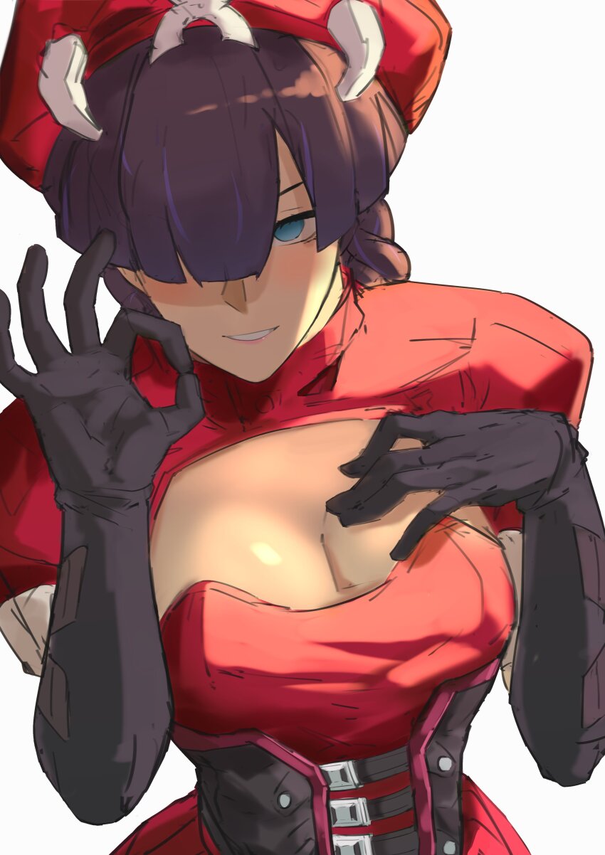 1girl absurdres beret black_corset black_gloves blue_eyes braid breasts cleavage cleavage_cutout clothing_cutout commentary corset dress elbow_gloves english_commentary gloves hair_over_one_eye hands_up hat highres kkaijju large_breasts long_hair looking_at_viewer marvel marvel_rivals official_alternate_costume official_alternate_hairstyle psylocke psylocke_(blood_kariudo) puffy_short_sleeves puffy_sleeves purple_hair red_dress red_hat short_sleeves simple_background smile solo teeth twin_braids white_background x-men