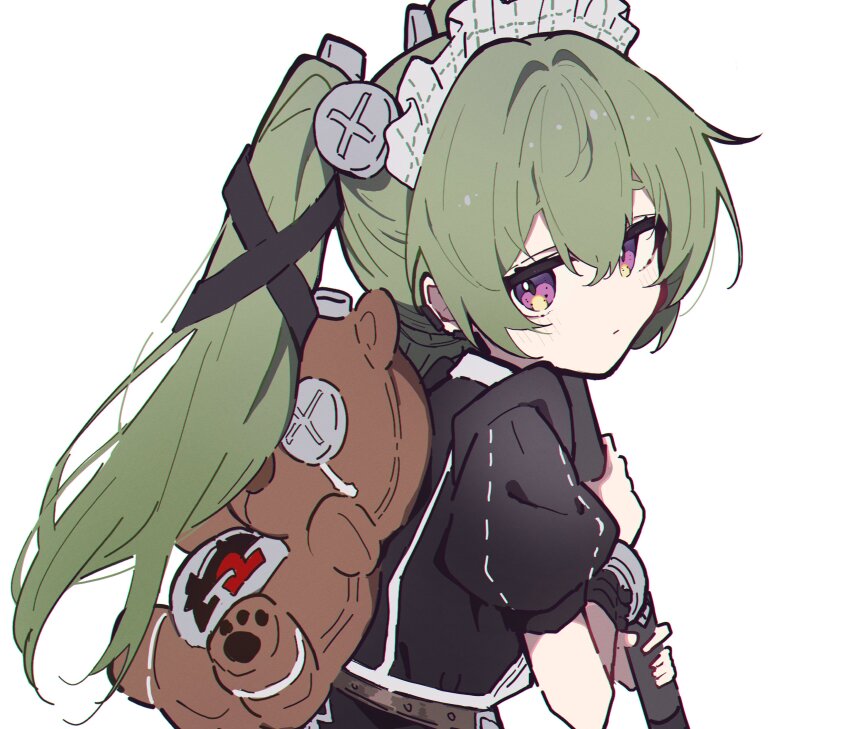 1girl absurdres aitekku animal_bag bear_bag black_dress collared_dress corin_wickes dress green_hair highres looking_at_viewer maid maid_headdress puffy_short_sleeves puffy_sleeves purple_eyes screw_hair_ornament short_sleeves simple_background solo twintails white_background zenless_zone_zero