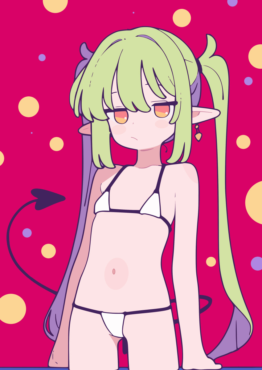 1girl :/ absurdres alternate_costume bikini black_tail blue_archive blush blush_stickers closed_mouth collarbone commentary_request cowboy_shot demon_girl demon_tail dot_nose ear_piercing earrings flat_chest green_hair hair_between_eyes highres jewelry loli long_hair looking_at_viewer micro_bikini navel no_halo nozomi_(blue_archive) orange_eyes otomii piercing pointy_ears polka_dot polka_dot_background pout red_background sidelocks simple_background solo standing stomach string_bikini swimsuit tail twintails very_long_hair white_bikini yellow_eyes