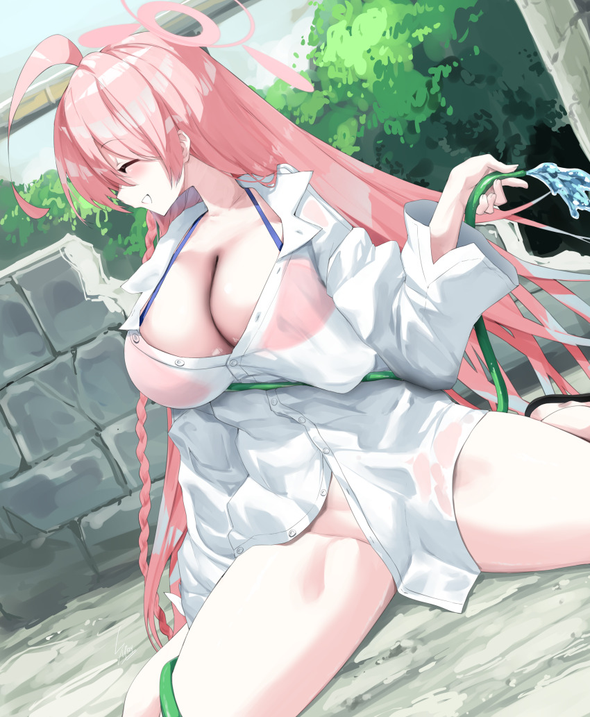 1girl absurdres antenna_hair bare_legs bikini blue_archive closed_eyes grin hanako_(blue_archive) hanako_(swimsuit)_(blue_archive) highres leaf no_panties pink_bikini pink_eyes plant shirt sitting smile solo sunnysideup swimsuit white_shirt