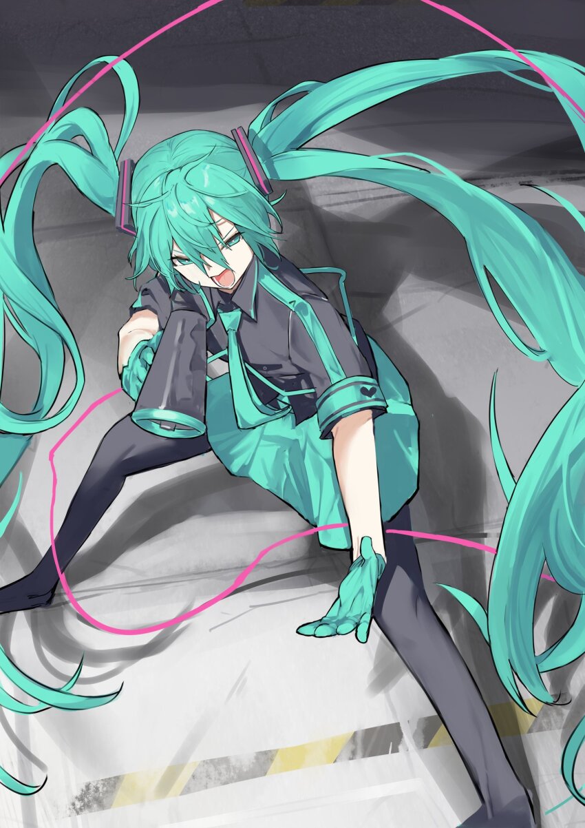 1girl aqua_eyes aqua_gloves aqua_hair aqua_necktie aqua_skirt aqua_trim audio_cable black_boots black_shirt boots collared_shirt floating_hair full_body gloves hair_between_eyes hair_ornament half-closed_eyes hatsune_miku highres holding holding_megaphone koi_wa_sensou_(vocaloid) legs_apart long_hair looking_ahead megaphone necktie open_mouth outstretched_arm pocche-ex shirt short_sleeves shouting sidelocks skirt solo standing thigh_boots twintails very_long_hair vocaloid