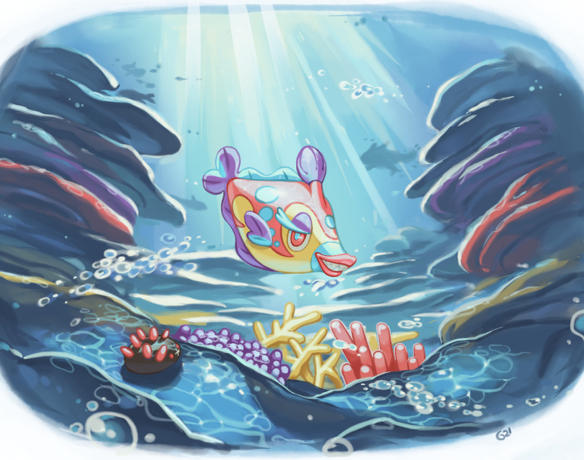animal_focus bruxish bubble commentary creature day english_commentary fish gen_7_pokemon grin looking_at_viewer nintendo no_humans pinkgermy pokemon pokemon_(creature) pyukumuku sharp_teeth smile sunlight teeth underwater water